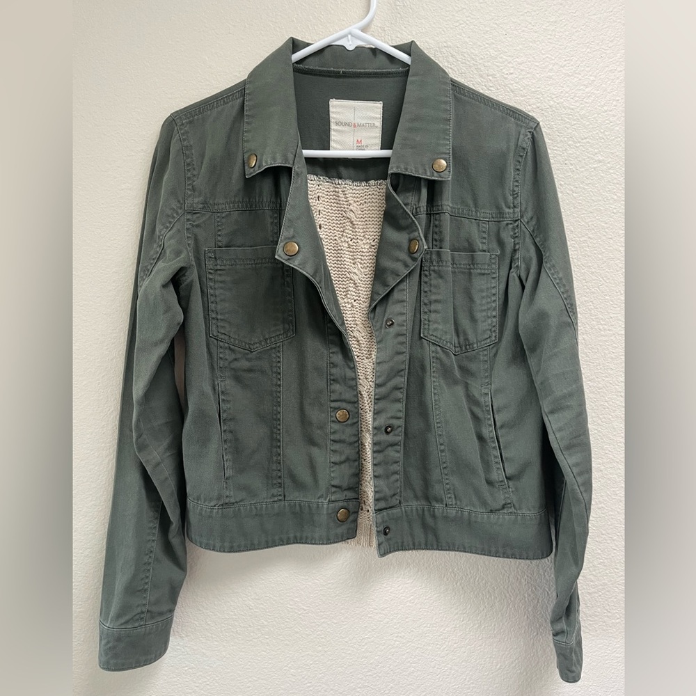 Sound & Matter Military Cropped Olive Green Cotton Crochet Jacket, Size Medium